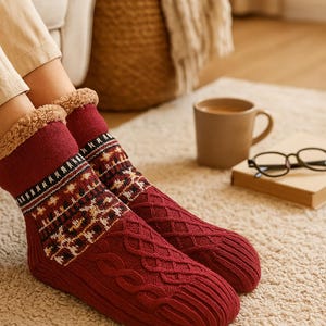Cozy Knit Fleece Socks - Women Lined Winter Slipper Socks - Thick Warm Christmas Bootie Footwear