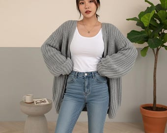 Cárdigan de punto grueso para mujer - Suéter de manga abullonada extragrande - Prenda de abrigo cómoda y holgada - Cárdigan de estilo vintage para otoño e invierno