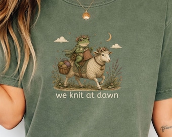 We Knit At Dawn Knitter Tee Frog And Sheep Knitting Shirt, Comfort Colors Yarn Lover Gift for quilt Crochet And Knitting Enthusiast