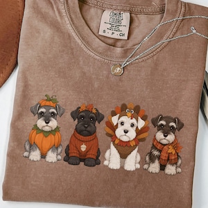 Söt Schnauzer hundskjorta plaggfärgad unisex t-shirt valpälskare gåva casual husdjurskjorta illustrerad höstdesign grafisk klädsel för Thanksgiving