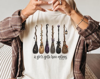 Halloween Witch Shirt Women Graphic Tee Broomstick Design Clothing Funny Spooky Season Apparel Autumn October Casual Wear Moon Spider