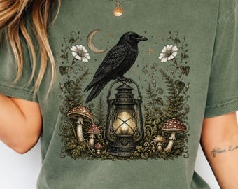 Black Crow Moonlight Lantern Crow Graphic Tee Vintage Crow Shirt, Raven Shirt, Black Bird Tee, Dark Academia Comfort Colors gift for gothic