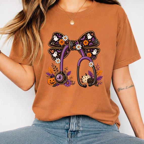 Halloween Nurse Shirt Ghost Stethoscope Cute Spooky Nurse Tee, Purple Halloween Bow Design, RN Halloween Gift Shirt Comfort Colors