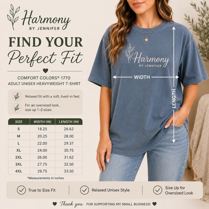 Puede incluir: Una camiseta azul de manga corta con el texto Harmony by Jennifer impreso en el pecho. La imagen incluye una tabla de tallas con medidas de ancho y largo en pulgadas para las tallas S a 4XL, detallando una camiseta unisex Comfort Colors 1770.