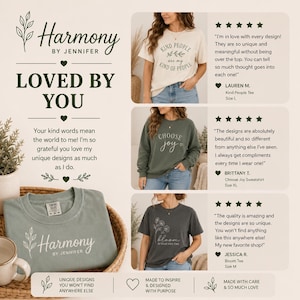 Puede incluir: Un gr&aacute;fico promocional de Harmony by Jennifer que muestra tres prendas: una camiseta color crema con el texto Kind People are my kind of people, una sudadera verde salvia con Choose joy y una camiseta gris oscuro con Bloom in your own time.