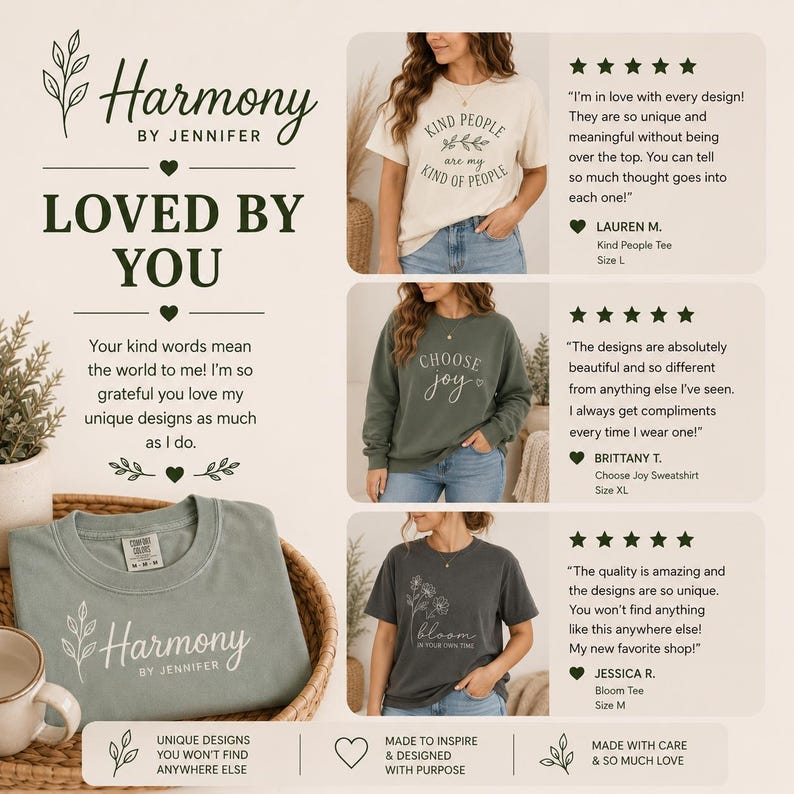 Puede incluir: Un gr&aacute;fico promocional de Harmony by Jennifer que muestra tres prendas: una camiseta color crema con el texto Kind People are my kind of people, una sudadera verde salvia con Choose joy y una camiseta gris oscuro con Bloom in your own time.