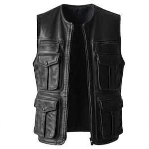 Chaleco utilitario de cuero envejecido para hombre – Chaleco de motociclista vintage, con múltiples bolsillos.