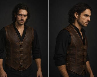 Handgemaakt middeleeuws leren vest heren, steampunk gotisch gilet, renaissance LARP-pantser jerkin, fantasy-cosplay doublet, noodlijdend leer