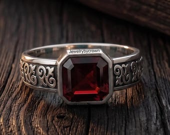 Men's Red Garnet Ring, 925 Sterling Silver, Vintage Handmade Jewelry, Birthstone Statement Ring