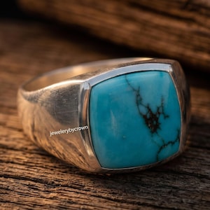 925 Sterling Silver Turquoise Square Gemstone Ring, Mens Statement Signet Jewelry
