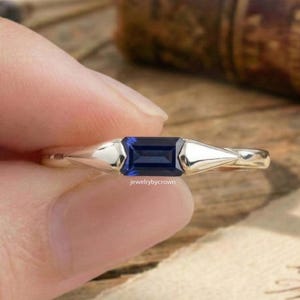 Blauer Saphir Baguette Ring, Smaragd Schnitt Stein Birthstone Stapelbar, Versprechen Verlobung Jerwelry