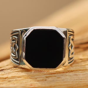 Men's Black Onyx Sterling Silver Statement Ring, Octagon Gemstone Signet (925 Silver)