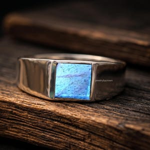 Anillo de sello de plata de ley con labradorita azul para hombre, banda de piedra preciosa vintage