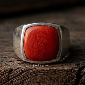 Anillo de coral rojo, joyería hecha a mano en plata de ley 925, alianza de boda para hombre.