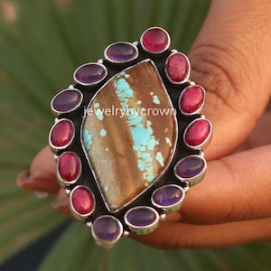 Huge Turquoise and Amethyst & Ruby Gemstone Ring, 925 Sterling Silver Statement Women Jewelry Gift