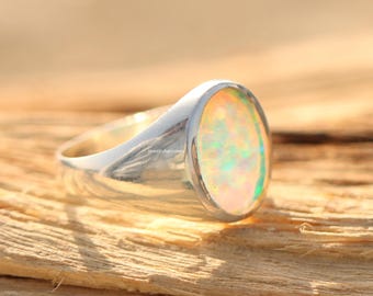 Ethiopian Opal Signet Ring, 925 Sterling Silver Handmade Multi Fire Opal Statement Minimalist Jewelry