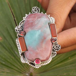 Naturalny agat mszysty, rubin i granat, pierścień z karneolu, duża biżuteria w stylu boho dla kobiet ze srebra próby 925