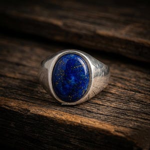 May include: A silver ring with an oval, deep blue lapis lazuli stone. The stone has flecks of gold and is set in a polished silver band. The ring is displayed on a rustic wooden surface.