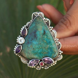 Natural Chrysocolla & Amethyst and Ruby, Aquamarine Gemstone Ring, 925 Sterling Silver Statement Jewelry