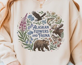Bluza z motywem kwiatów i fauny Alaski | Bluza z okrągłym dekoltem z motywem dzikiej przyrody Alaski | Koszulka z motywem niedźwiedzia, orła, łosia i wilka | Prezent dla miłośnika przyrody z Alaski