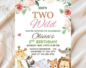 Editable Safari Birthday Invitation, Girl Two Wild Invitation, Jungle Animals Invitation, 2nd Birthday Invitation