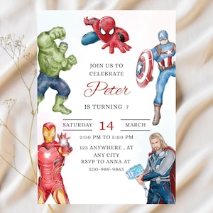 May include: A superhero-themed birthday party invitation featuring illustrations of Hulk, Spider-Man, Captain America, Iron Man, and Thor. The invitation includes the text "Join us to celebrate Peter is turning 7" and event details.