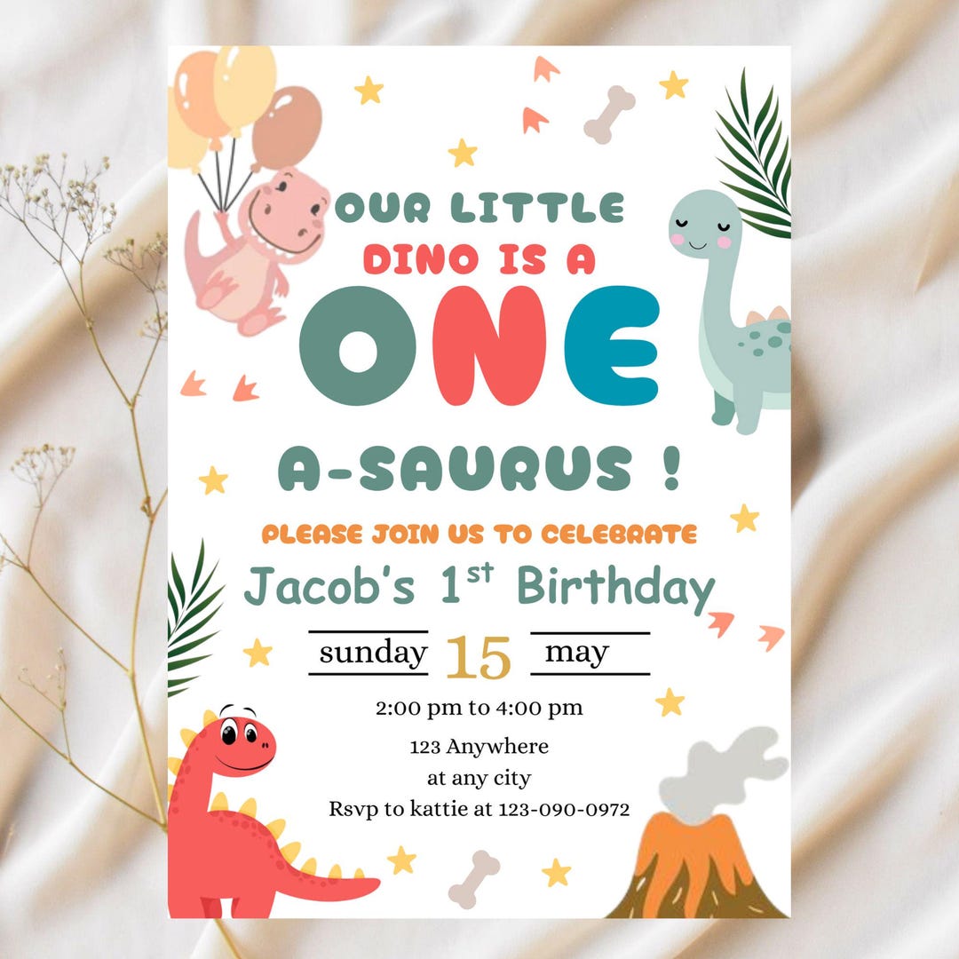 Dinosaur 1st Birthday Invitation. Cute Baby Dino 1st Birthday Invite ...