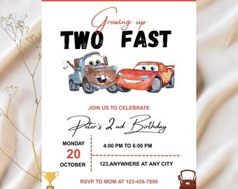 Cars 2nd Birthday Invitation, Lightning McQueen, Canva Editable