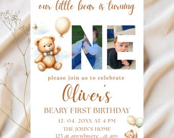 Invitación de cumpleaños editable con foto de oso, estilo bohemio (plantilla de Canva)
