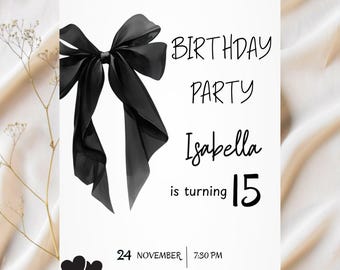 Black Bow Birthday Invitation Template: Coquette Party Invite ,Editable Canva Template