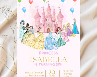 Puede incluir: Una invitación de cumpleaños rosa con temática de princesa con un castillo rosa, globos e ilustraciones de princesas. El texto dice "¡La princesa Isabella cumple seis años!" con detalles del evento.
