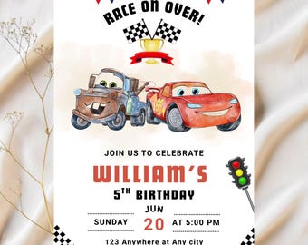 Lightning McQueen 5th Birthday Invitation, Cars Race (Canva Editable Digital Invitation)