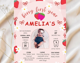 Berry First Birthday Invitation Template, Editable Photo 1st Birthday Party Invitations, Printable Strawberry Birthday Invites,