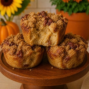 Könnte beinhalten: Drei gebackene Muffins mit Streuseln, präsentiert auf einem hölzernen Kuchenständer. Die Muffins sind goldbraun mit einer strukturierten, süßen Auflage. Ein Kürbis und eine Sonnenblume sind im Hintergrund zu sehen.