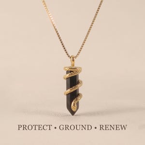 May include: A gold-colored chain necklace with a black, cylindrical pendant. A gold-colored snake wraps around the pendant. The text at the bottom reads: PROTECT • GROUND • RENEW.