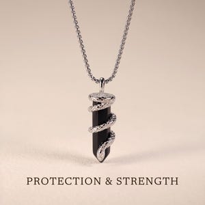 Coiled Snake Necklace with Hexagon Obsidian Pendant for Gothic Jewelry Gift Statement Snake Wrap Crystal Point Necklace Protection Charm