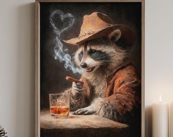 Cowboy Racoon Valentine Wall Art, Bar Cart Decor, Smoking Animal Bourbon Lover Print, Man Cave Decor, Dark Moody Wall Art, Gift For Him
