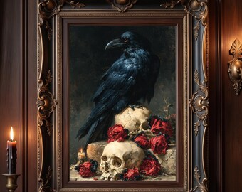 Dark Raven and Skull Wall Art PRINTABLE, Halloween Wall Art, Moody Gothic Vanitas Memento Mori Oil Painting Print, Dark Academia Crow Decor