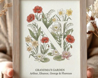 PERSONALIZED Grandmas Garden Framed Print, Custom Grandchildren Birth Flower Wall Art, Floral Initial Wall Decor, Mothers Day Gift for Nanny