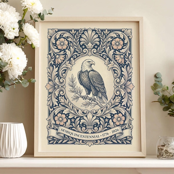 USA 250th Anniversary Printable Wall Art, Vintage Americana Bald Eagle Floral Print, 4th of July Poster, Patriotic Wall Art Digital Download