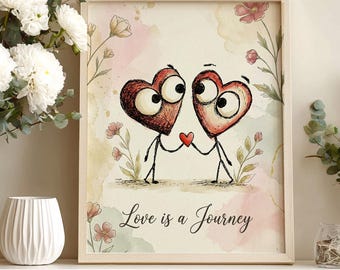 Hearts Valentines Wall Art, Love Quote Print, Whimsical Wall Art, Watercolor Doodle Couple Art Print, Valentine Wall Decor, Digital Download