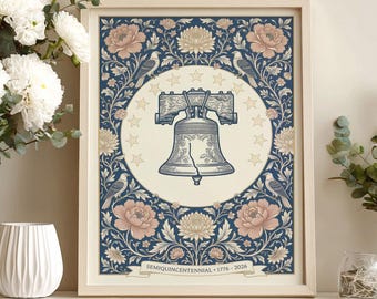 USA 250th Anniversary Print, Vintage Liberty Bell Floral Art, 4th of July Poster, 250 Years of America Patriotic Wall Art – Digital Download