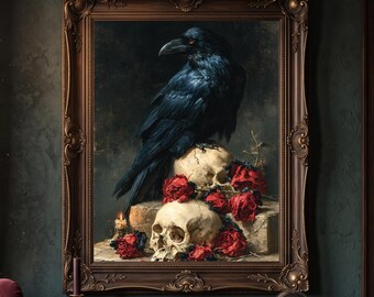 Estampado de calavera de cuervo, decoración Whimsigoth, decoración vintage de Halloween, decoración de apartamento de bruja, decoración Dark Academia, arte de pared grande, decoración gótica para el hogar