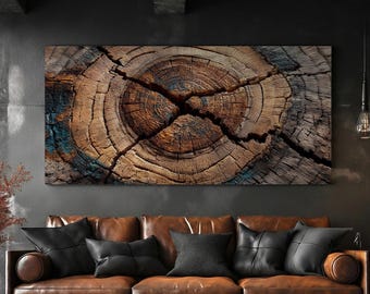 Tree Cross Section Canvas Print, Horizontal Textured Wall Art, Abstract Nature Art, Large Art over Sofa, Masculine Decor, Tree Ring Wall Art