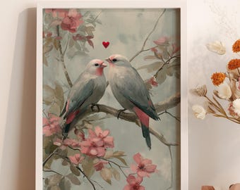 Love Birds Art, Romantic Birds on Cherry Blossom Painting Print, Vintage Valentine Decor, Valentines Gift for Bird Lovers – Digital Wall Art