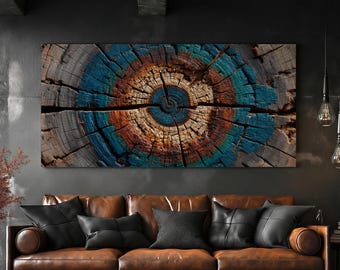 Panoramic Tree Ring Wall Art, Horizontal Canvas Print, Petrified Wood Art, Large Wall Art for Living Room, Modern Rustic Industrial Decor