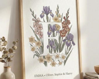 PERSONALIZED Children’s Birth Month Flowers Art Print, Custom Gift for Mum, Floral Monogram Wall Decor, Initial Wall Art, Mothers Day Gifts
