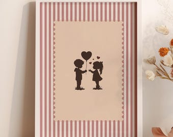 Vintage Valentines Printable Wall Art, Silhouette Heart Balloon Print, Pink Striped Wall Decor, Retro Stamp Art Print – Digital Download