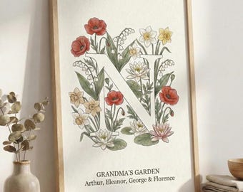 PERSONALIZED Grandma's Garden Print, Custom Birth Flower Wall Art, Unique Mothers Day Gift for Nanny, Floral Wall Art, Monogram Wall Decor