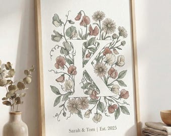PERSONALIZED Birth Flower Couple Art Print, Custom Floral Monogram Wall Decor, Initial Wall Art, Anniversary Wedding Gifts for the Couple